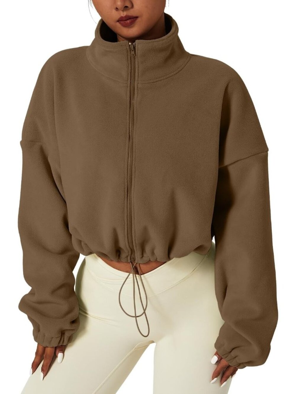Women's Chestnut Fleece Full ZIP Stand Collar Baggy Cropped Short Sherpa Jacket